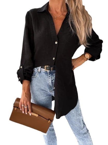 Blusa sencilla, básica, informal, de color liso, con cuello en V y solapa con botones para mujer