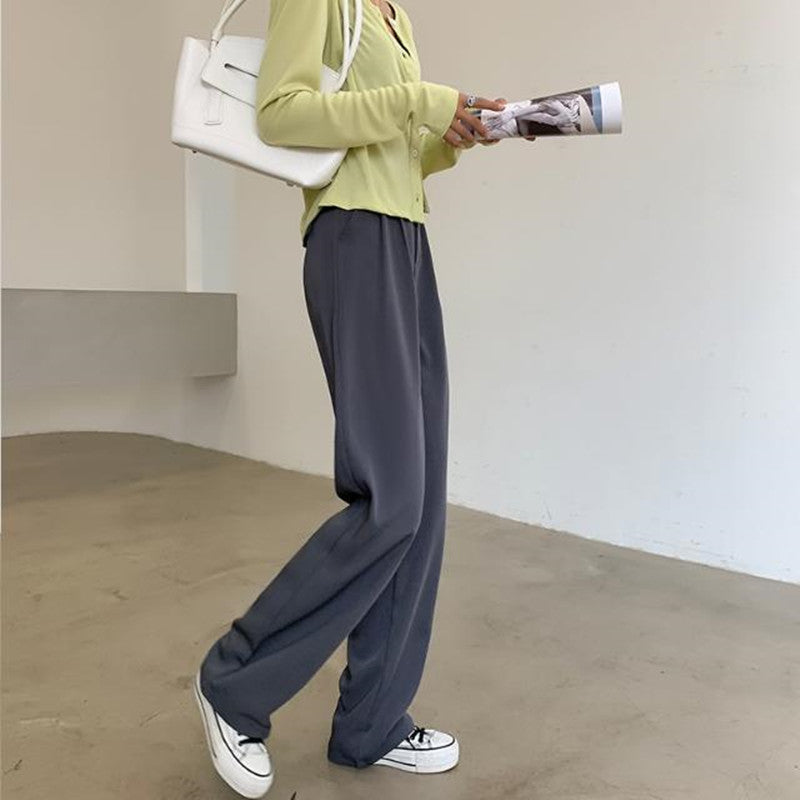 Women Fashion High Waist Casual Solid Color Straight Leg Pants