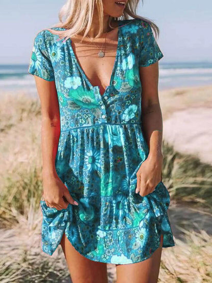 Women Casual Floral Printed V-Neck Short Sleeves Ruffled Dress