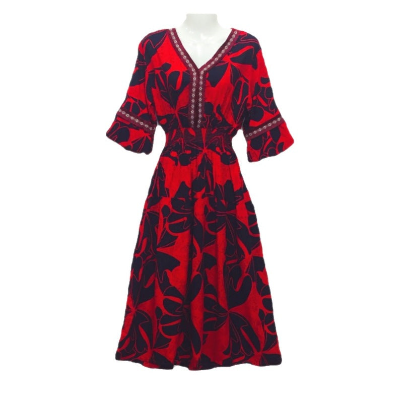 Vestido midi holgado informal de verano con cuello en V y mangas acampanadas para mujer