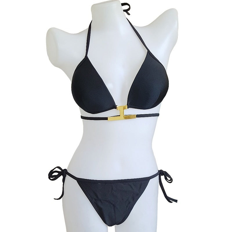 Conjunto de 2 bikinis de cuello halter con cordones de color liso a la moda para mujer