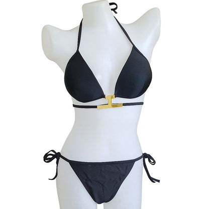 Conjunto de 2 bikinis de cuello halter con cordones de color liso a la moda para mujer