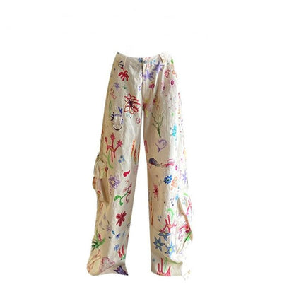 Women Casual Fashion Multicolor Graffiti High Straight Wide-Leg Pants