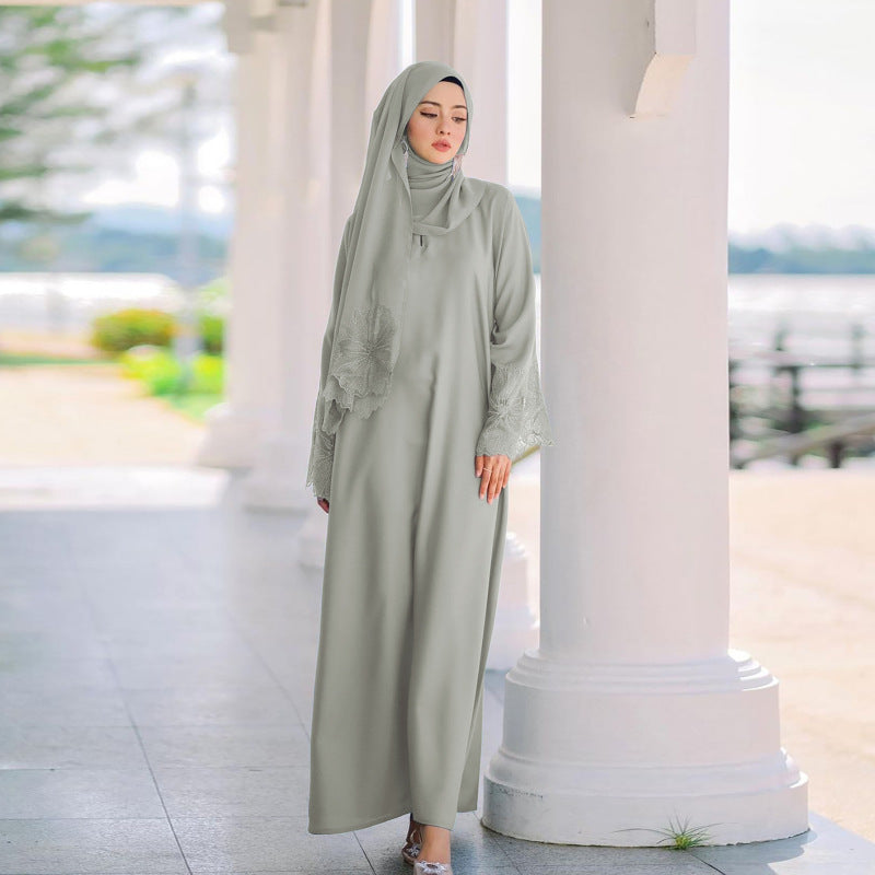 Women Casual Solid Color Lace Patchwork Abaya Long Sleeve Maxi Dress With Turban