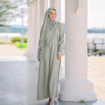 Women Casual Solid Color Lace Patchwork Abaya Long Sleeve Maxi Dress With Turban