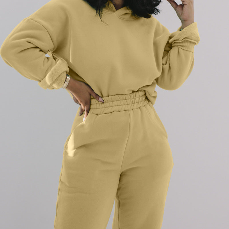 Conjunto deportivo informal de sudadera con capucha y pantalones de chándal de manga larga de color liso para mujer
