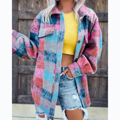Autumn Winter Plaid Print Casual Fashion Lapel Long-Sleeved Coat Shacket