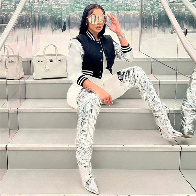 Abrigo de béisbol informal de color liso con cierre a presión y manga larga con costuras de PU para mujer