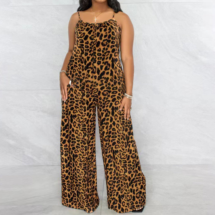 Summer Women Fashion Casual Leopard Printed Sling Wide Leg Jumpsuits