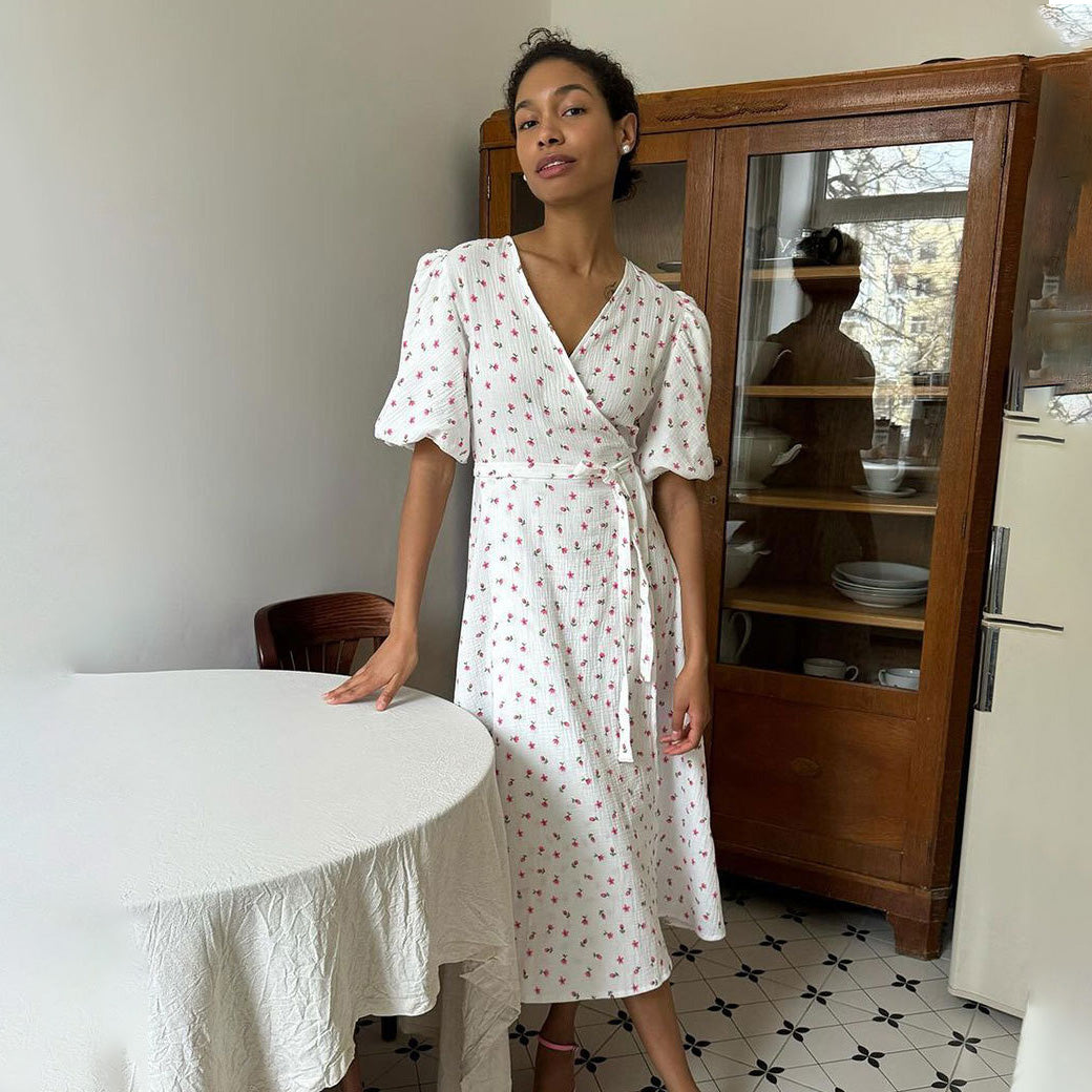 Women Fashion Casual Floral Printed V-Neck Puff Sleeve Lace-Up Dress
