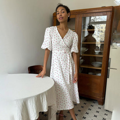 Women Fashion Casual Floral Printed V-Neck Puff Sleeve Lace-Up Dress