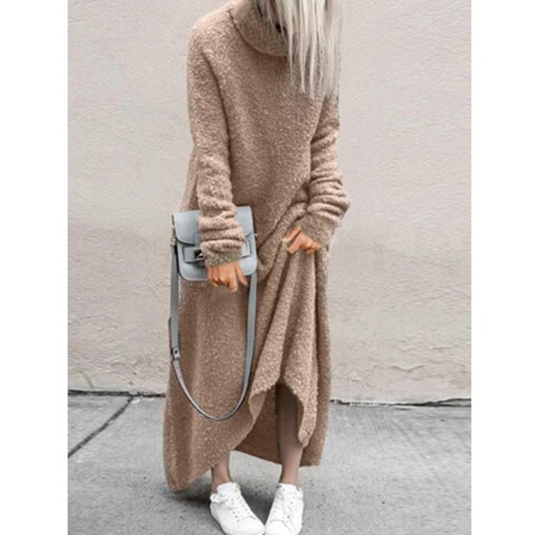 WomenAutumn And Winter Fashion Casual Plush Solid Color High Collar Long Sleeve Maxi Dress