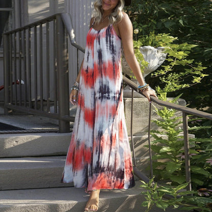 Women Fashion Casual Vacation Tie Dye Print Spaghetti Strap Maxi Loose Dress