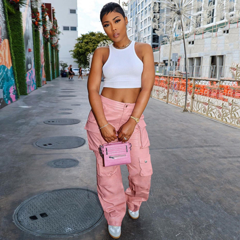Women Fashion Casual Loose Multipocket Wide-Legged Pants