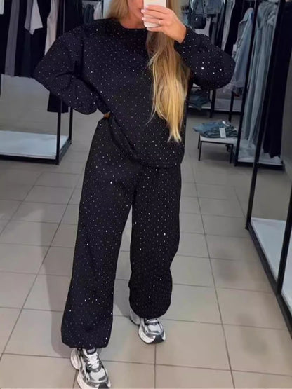 Autumn And Winter Women Athleisure Casual Crew Neck Long Sleeve Rhinestone Sweatshirt Pants Two-Piece Set