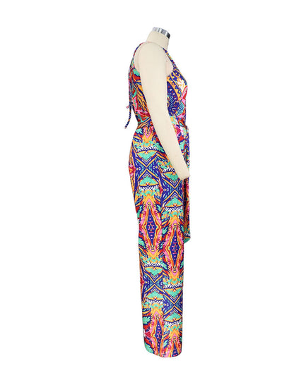 Women Casual Fashion Vacation Boho Sleeveless Printing Wide Leg Jumpsuit