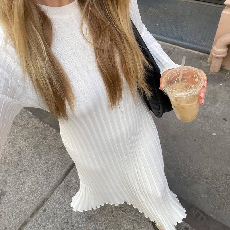 Autumn Winter Women Fashion Casual Crewneck Pit Strip Knitted Dress