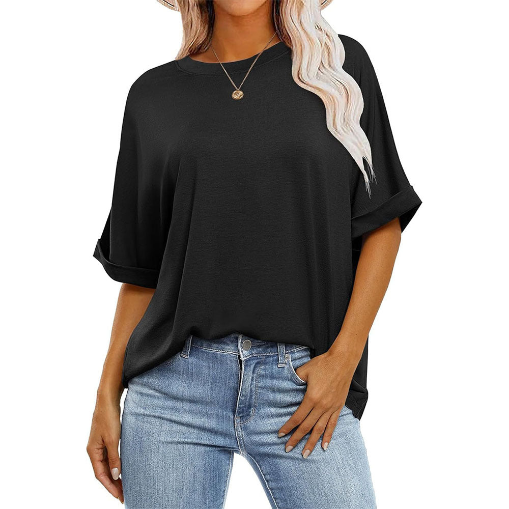Women Casual Loose Solid Color Round Neck Short-Sleeve T-Shirt