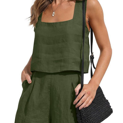 Women Summer Vacation Casual Solid Linen Tank Top And Loose Shorts Set