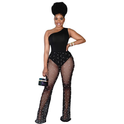 Women Fashion Casual One-Shoulder Mesh See-Through Polka Dot Printing Plus Size Jumpsuit