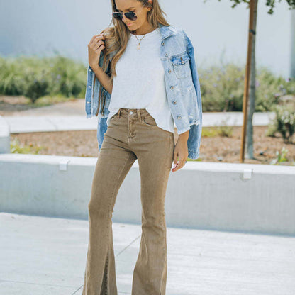 Vaqueros de pierna ancha ajustados informales de cintura alta de color liso para mujer