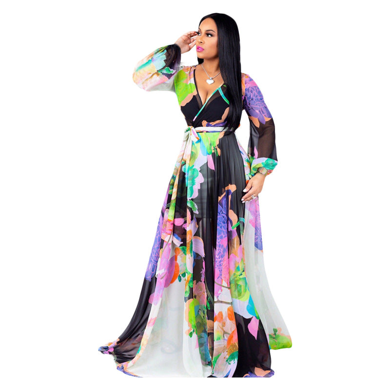 Women Fashion Casual Digital Printing V-Neck Long Sleeve Loose Dress