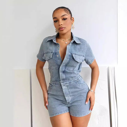 Women Fashion Casual Stretch Lapel Short Sleeve Denim Rompers