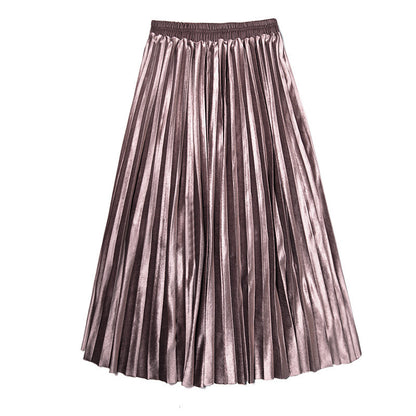 Women Solid Color Pleated High Waist Casual Long Skirt