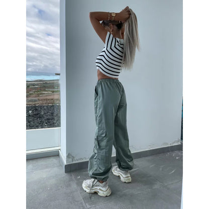 Summer Women Casual Multi-Pocket Solid Color Middle-Waisted Straight Jogger Pants