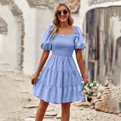 Women Casual Solid Color Square Neck Lantern Sleeve Dress