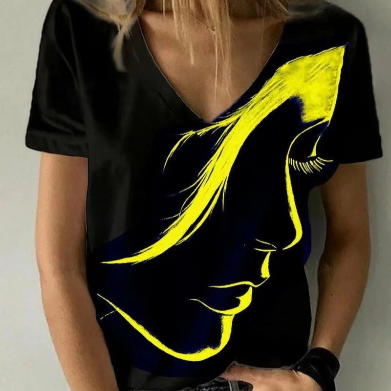 Camiseta básica de verano con cuello en V y estampado 3D de personajes informales para mujer