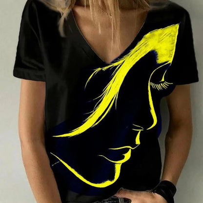 Camiseta básica de verano con cuello en V y estampado 3D de personajes informales para mujer
