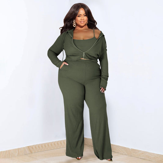 Women Fashion Casual Solid Color Plus Size Pit Vest Jacket Pants Three-Piece Set