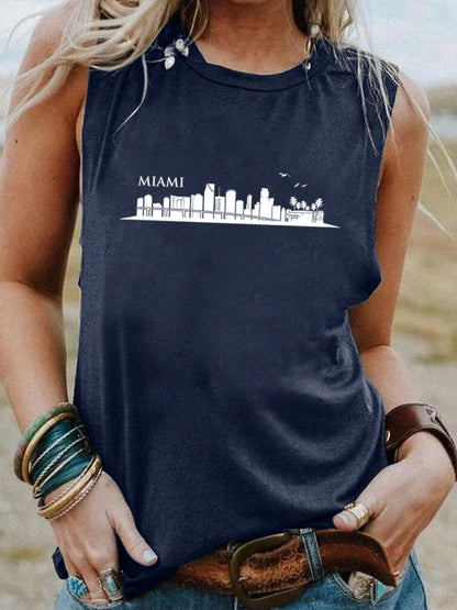 Women Fashion Casual High-Rise Printed Round Neck Sleeveless Tank Top