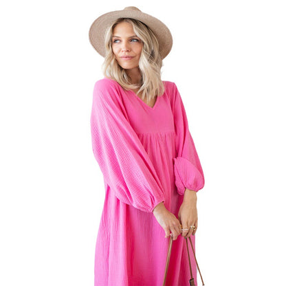 Bohemian Women Casual Solid Color Loose Long Sleeve Maxi Dress