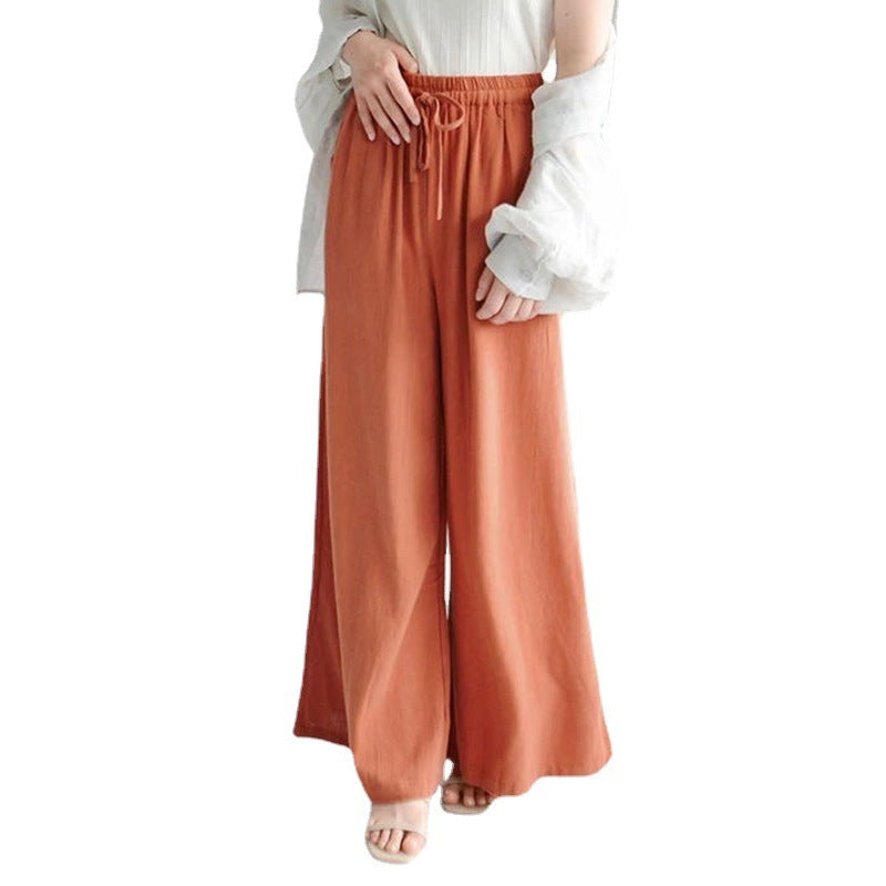 Women Casual Loose Solid Color Mid-Waist Linen Cotton Blend Wide Leg Pants