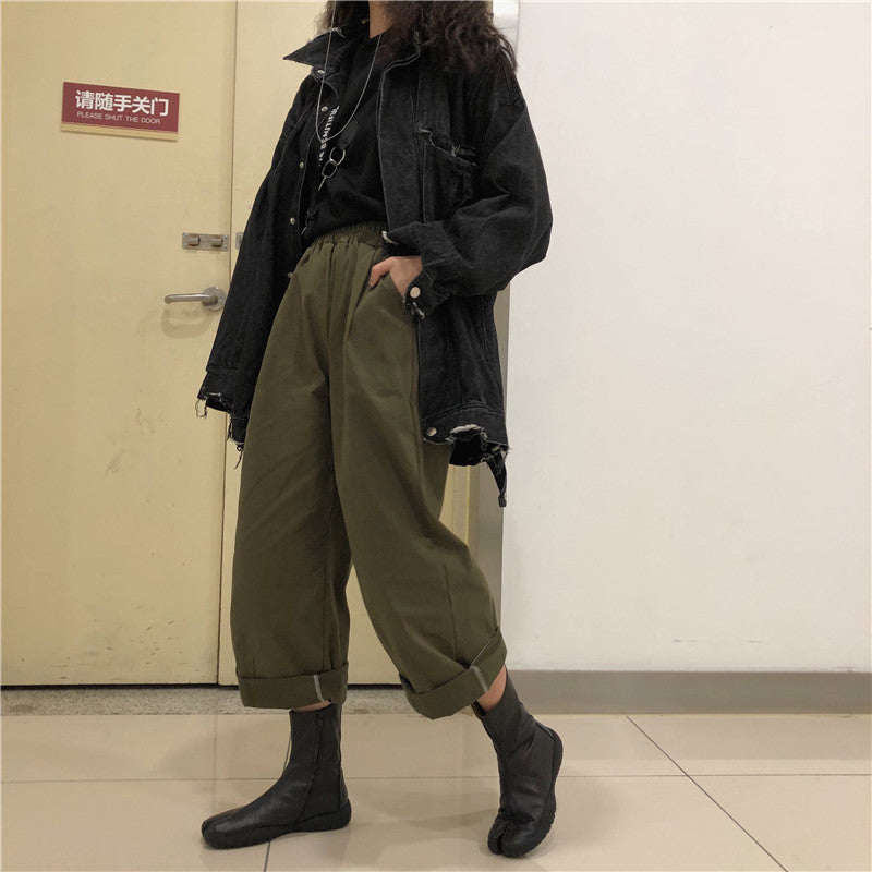 Plus Size Women Casual Loose Wide-Leg Solid Color Cargo Pants