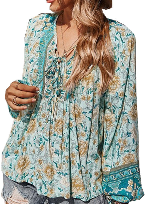 Camiseta informal de vacaciones con cuello en V y cordones para mujer