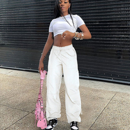 Plus Size Fashion Street Women Loose Strap Multi-Pocket Straight Work Casual Solid Color Cargo Jogger Pants