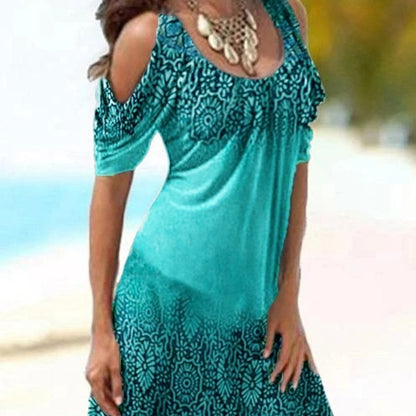 Women Fashion Sunflower 3d Digital Printing Casual Coo-Shoulder U Neck Dress