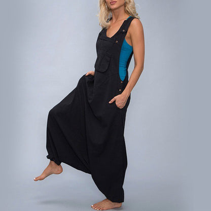 Women Loose Casual Edgy Sleeveless Pockets Solid Color Wide Legs Jumpsuits Overalls