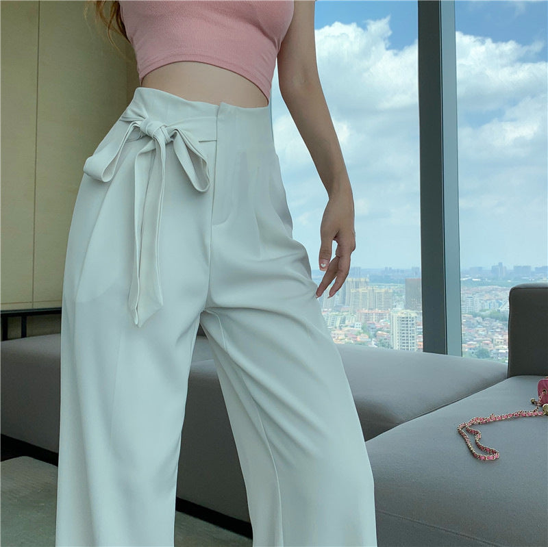 Women Fashion Casual Solid Color Bowknot Office Chic Wide Leg Pants