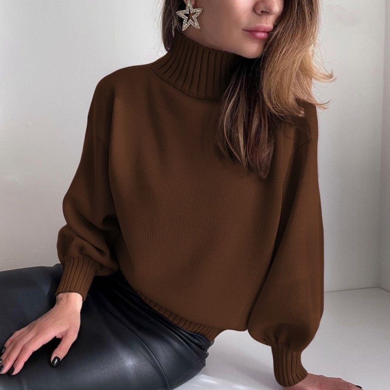 Suéter de punto con mangas abullonadas y cuello alto de color liso informal de invierno para mujer