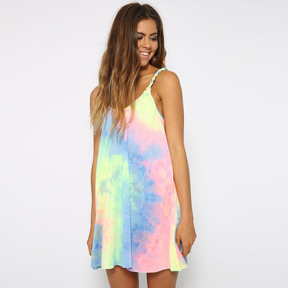 Summer Women Casual Edgy Tie Dye Beach Mini Slip Dress