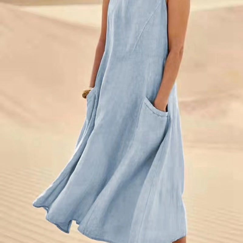 Summer Women Casual Solid Color Sleeveless Round Neck Pocket Cotton Linen Dress