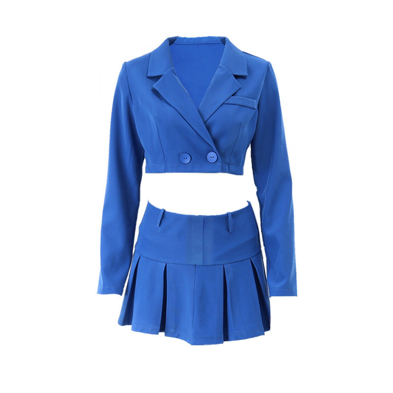 Women Casual Short Long Sleeve Suit Top And High Waist A-Line Skirt Set