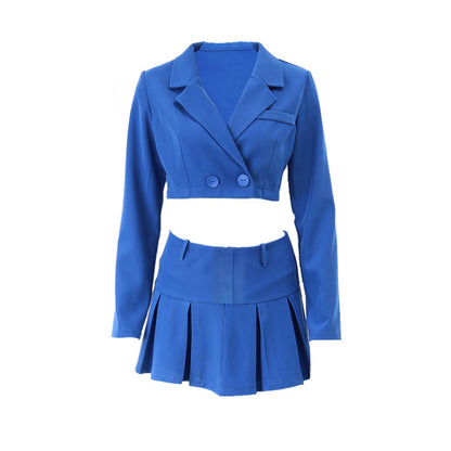 Women Casual Short Long Sleeve Suit Top And High Waist A-Line Skirt Set