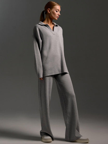 Conjunto de dos piezas de camiseta y pantalones de manga larga de punto con cuello polo informal para mujer