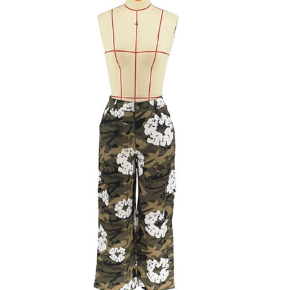 Women Fashion Street Casual Camouflage Printed Cargo Straight Pants