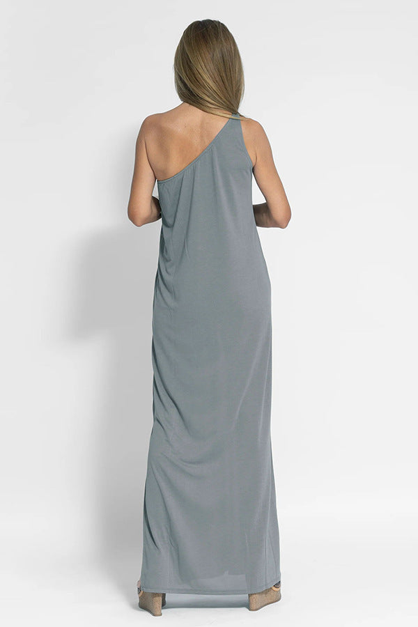 Summer Women Casual Slip-Shoulder Slip Solid Color Maxi Dress